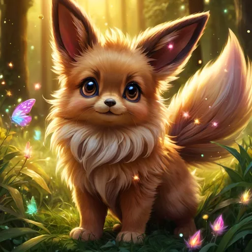 Prompt: (best quality: 1.5), (high quality:1.5), (intricate detail: 1.5), painting of an insanely beautiful magical Eevee, furry, fuzzy, happy, jubilant, magical, fairy dust, twinkling, bright colors, sparkling fur, shimmering, glistening, fairy dust in fur, dancing, running through a field, glistening golden fur, sparkling eyes, cute fangs, cute, vivid colors, vibrant colors, up close, close up, auroras, aurora halo, surreal, UHD, horizontal background, professional shading, 3D painting, ultra realistic fur, depth, running toward viewer, insanely detailed background, detailed fantasy style, insanely detailed fur, ultra detailed illustration, immaculate fur, fantasy, flying, professional digital painting, expressive face, beautiful eyes, 8k eyes, artstation, deviantart, Anne Stokes, trending, hyper detailed, stunning, breathtaking, beautiful, graceful, ethereal, enchanting, enchanted grassland, sparkling fireflies, breezy summer night, starry sky, 8k, 16k, 64k, unreal engine, perfect pose, golden ratio, symmetric, perfect proportions