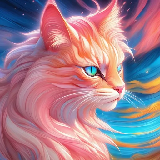 Prompt: young warrior cat with {striped blue fur} and {rose pink eyes}, feral, gorgeous anime portrait, 2d cartoon,  wind element, crackling lightning, beautiful 8k eyes, fine oil painting, intense, wearing shiny bracelet, low angle view,zoomed out view of character,  (unsheathed claws), visible claws, 64k, vast open sky, fine colored pencil,  head turned toward viewer, hyper detailed, expressive, intense, heroic, friendly, compassionate, thick billowing mane, fiery colors, heroic colors, colorful stones, glistening blue fur, golden ratio, intricate detailed fur, precise, perfect proportions, vibrant, prowling by a sun-bathed river, hyper detailed, complementary colors, UHD, HDR, top quality artwork, beautiful detailed background, unreal 5, artstaion, deviantart, instagram, professional, masterpiece