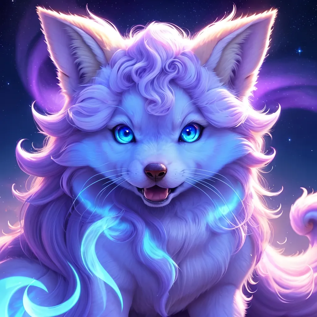 Prompt: {Alolan Vulpix}, growling, wolf, ice element, detailed artwork, portrait, 8k, detailed background, beautiful auroras, brilliant night sky, gleaming hypnotic purple eyes, mischievous, thick billowing mane, beautiful detailed eyes, golden ratio, perfect proportions, complementary colors, UHD