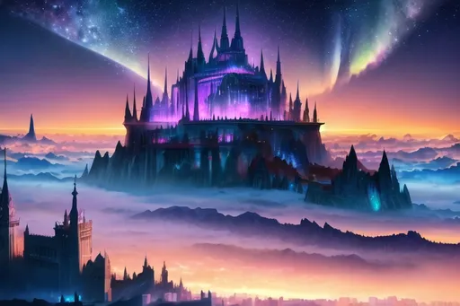 Prompt: professional landscape of an {enormous fantasy celestial crystal palace}, atop a mountain, above the clouds, golden skies, 64k, highly detailed, sharp focus, vibrant colors, bright enchanted fairytale garden, crystal hills, vivid colors, vast starry sky, UHD, vibrant colors, hyper detailed, guarded by a veil of auroras, highly detailed background, instagram, artstation, best wallpaper, golden ratio, complementary colors