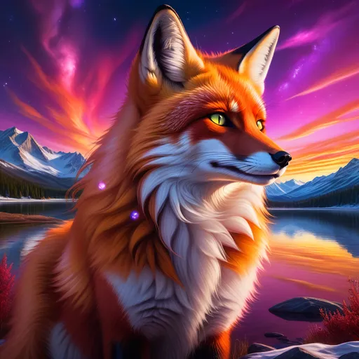 Prompt: portrait of a beautiful young crimson fox prodigy with (glistening crimson fur) and glowing {hazel green eyes}, fine oil painting, feral, beautiful vixen kitsune, epic anime portrait, close up, gazing at viewer, fiery colors, brilliant sunrise, beautiful 8k eyes, deep starry sky, cosmic auroras, epic fantasy landscape, frost, close up, intense, low angle view, soft HD fur, 64k, hyper detailed, symmetric, highly detailed face, expressive, intense, elegant, graceful, silky extravagant mane, black fur lighlights, deep purple sky, colorful stones, glistening scarlet fur, sprawled at a lake shore, golden ratio, precise, perfect proportions, vibrant, lying by a sun-bathed lake, hyper detailed, complementary colors, UHD, HDR, top quality artwork, beautiful detailed background, unreal 5, artstaion, deviantart, instagram, professional, masterpiece