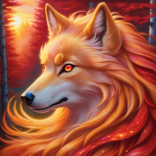 Prompt: {Ninetales}, gleaming hypnotic {ruby red eyes}, flame, fire element, feral, detailed artwork, beautiful oil painting, 64k, detailed background, aspen leaves, deep starry sky, lush frosted cliffside, brilliant sunrise sky, big golden ears, big beautiful 8k eyes, mischievous, vivid colors, thick fluffy fur, glowing fiery aura, fire princess, bashful rosy cheeks, timid, bright rosy cheeks, thick billowing mane, intricately detailed fur, beautiful detailed eyes, , by Anne Stokes, golden ratio, perfect proportions, vibrant, hyper detailed, complementary colors, UHD, beautiful detailed background