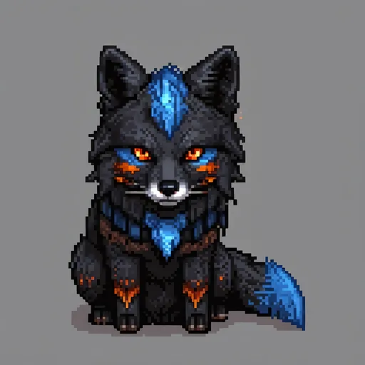 Prompt: beautiful black fox warrior with jet black fur and {dusk orange and twilight blue} eyes, brawny, fierce, fire and ice