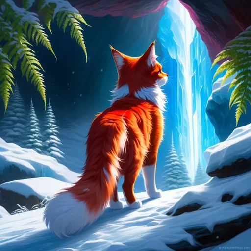 Prompt: warrior cat with {shiny red fur} and {crisp ice blue eyes}, feral, quadruped, young she-cat, by Erin Hunter, gorgeous anime portrait, intense cartoon, beautiful 8k eyes, elegant {scarlet and garnet fur}, {pelt looks like a vixen fox}, fine oil painting, stunning, gorgeous, back view, gazing at viewer, beaming blue eyes, looking back, rear view, looking over shoulder, glistening scarlet fur, draped in ferns, snowstorm, ice element, 64k, hyper detailed, expressive, witty, graceful, beautiful, expansive silky mane, crystal mountain cave, secluded crystal river, golden ratio, precise, perfect proportions, vibrant, standing majestically on a tall crystal stone, hyper detailed, complementary colors, UHD, HDR, top quality artwork, beautiful detailed background, unreal 5, artstaion, deviantart, instagram, professional, masterpiece
