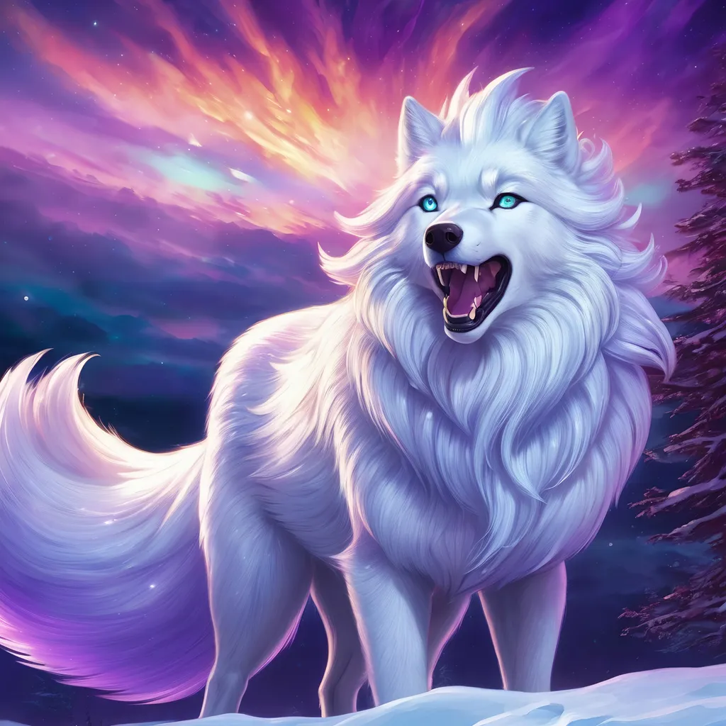 Prompt: {Alolan Ninetales}, growling, wolf, ice element, detailed artwork, portrait, 8k, detailed background, curly purple hair, silky snow white fur, beautiful auroras, brilliant night sky, gleaming hypnotic purple eyes, mischievous, thick billowing mane, beautiful detailed eyes, golden ratio, perfect proportions, photorealistic, hyper realism, complementary colors, UHD