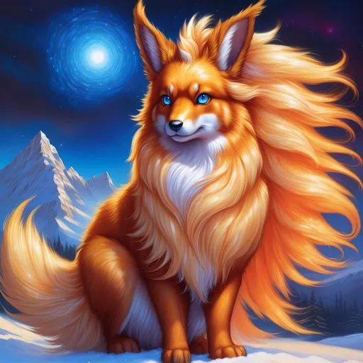 Prompt: {Flareon}, brilliant {blue eyes}, flame, fire element, feral, detailed artwork, beautiful oil painting, 64k, detailed background, snowy field, frost, deep starry sky, brilliant sunrise sky, big golden ears, beautiful dark muzzle, big beautiful 8k eyes, brave, vivid colors, thick fluffy fur, glowing fiery aura, thick billowing mane, intricately detailed fur, beautiful detailed eyes, , by Anne Stokes, golden ratio, perfect proportions, vibrant, hyper detailed, complementary colors, UHD, beautiful detailed background