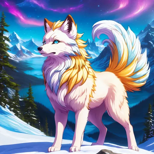 Prompt: {Alolan Vulpix}, growling, Alaskan wolf, ice element, detailed artwork, hyper detailed, 64k, detailed background, beautiful auroras, lush cliffside, snowy mountain peaks, brilliant night sky, gleaming hypnotic {purple eyes}, mischievous, vivid colors, glowing ice aura, thick billowing mane, intense anime portrait, intricately detailed fur, ice blue fur highlights, beautiful detailed eyes, golden ratio, perfect proportions, vibrant, hyper detailed, complementary colors, UHD, HDR, beautiful detailed background, unreal 5, artstaion, deviantart