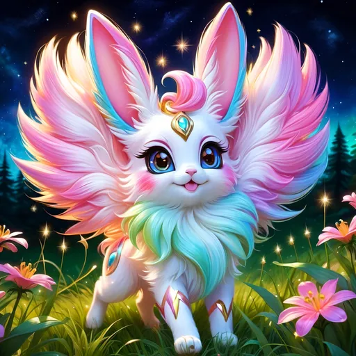 Prompt: (best quality: 1.5), (high quality:1.5), (intricate detail: 1.5), painting of an insanely beautiful magical Sylveon, furry, fuzzy, happy, jubilant, magical, fairy dust, twinkling, bright colors, sparkling fur, shimmering, glistening, fairy dust in fur, dancing, running through a field, cute, vivid colors, vibrant colors, up close, close up, auroras, aurora halo, surreal, UHD, horizontal background, professional shading, 3D painting, ultra realistic fur, depth, running toward viewer, insanely detailed background, detailed fantasy style, insanely detailed fur, ultra detailed illustration, immaculate fur, fantasy, flying, professional digital painting, expressive face, beautiful eyes, 8k eyes, artstation, deviantart, trending, hyper detailed, stunning, breathtaking, beautiful, graceful, ethereal, enchanting, enchanted grassland, sparkling fireflies, breezy summer night, starry sky, 8k, 16k, 64k, unreal engine, perfect pose, golden ratio, symmetric, perfect proportions