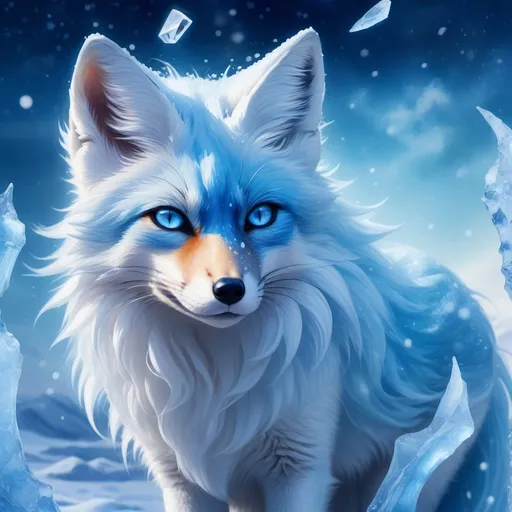 Prompt: ice elemental fox, feral fox, kitsune, nine-tailed fox, cool blue fur, dark blue eyes, soft moonlight, blue muzzle, elder vixen, plump, gazing at viewer, stunning, enchanting, confident, falling snow, shattered ice, frosted blue fur, vivid, vibrantm UHD, HDR, three-quarter portrait, detailed watercolor style on soft paper, sharp focus, masterpiece, cool colors, artstation, instagram, trending