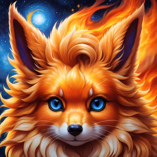 Prompt: {Flareon}, brilliant {blue eyes}, flame, fire element, feral, detailed artwork, beautiful oil painting, 64k, detailed background, snowy field, frost, deep starry sky, brilliant sunrise sky, big golden ears, beautiful dark muzzle, big beautiful 8k eyes, brave, vivid colors, thick fluffy fur, glowing fiery aura, thick billowing mane, intricately detailed fur, beautiful detailed eyes, , by Anne Stokes, golden ratio, perfect proportions, vibrant, hyper detailed, complementary colors, UHD, beautiful detailed background