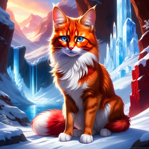 Prompt: warrior cat with {shiny red fur} and {ice blue eyes}, feral, quadruped, young she-cat, by Erin Hunter, gorgeous anime portrait, intense cartoon, beautiful 8k eyes, elegant {scarlet and garnet fur}, {pelt looks like a vixen fox}, fine oil painting, stunning, gorgeous, gazing at viewer, beaming blue eyes, glistening scarlet fur, snowstorm, ice element, 64k, hyper detailed, expressive, witty, graceful, beautiful, expansive silky mane, crystal mountain cave, golden ratio, precise, perfect proportions, vibrant, standing majestically on a tall crystal stone, hyper detailed, complementary colors, UHD, HDR, top quality artwork, beautiful detailed background, unreal 5, artstaion, deviantart, instagram, professional, masterpiece