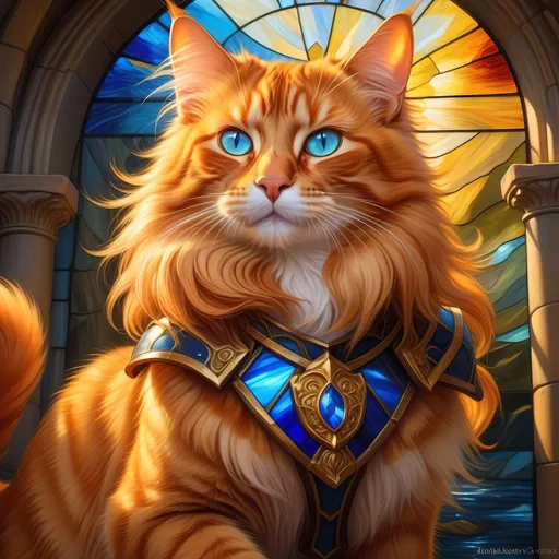 Prompt: ginger tabby warrior cat with {fiery gold fur} and {sapphire blue eyes}, brave male cat, epic RPG portrait, beautiful 8k eyes, fine oil painting, intense, lunging at viewer, wearing shiny bracelet, low angle view,  (unsheathed claws), visible claws, 64k, hyper detailed, expressive, intense, hissing cat, aggressive, intelligent, lithe, small, covered in scratches and scars, thick billowing mane, glistening golden fur, golden ratio, precise, perfect proportions, vibrant, prowling by a sun-bathed river, hyper detailed, complementary colors, UHD, HDR, top quality artwork, beautiful detailed background, highly detailed paws, unreal 5, artstaion, deviantart, instagram, professional, masterpiece