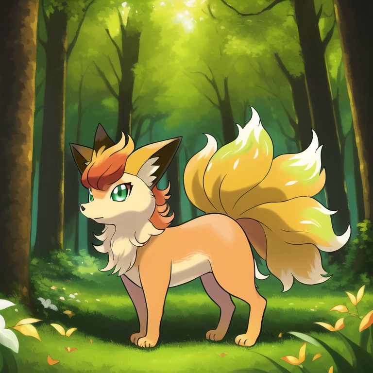 Prompt: Portrait of a beautiful (Vulpix), with bright golden fur and glowing green eyes, feral, in a sunny forest, head turned toward viewer, highly detailed eyes, timid, shy, bashful, rosy cheeks, 4k, UHD, masterpiece, oil painting