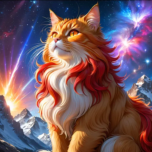 Prompt: fire cat with {red fur} and {ruby red eyes}, senior female cat, fire element, flame, Erin Hunter, gorgeous anime portrait, beautiful cartoon, 2d cartoon, beautiful 8k eyes, elegant {red fur}, pronounced scar on chest, fine oil painting, modest, gazing at viewer, beaming red eyes, glistening red fur, low angle view, zoomed out view of character, 64k, hyper detailed, expressive, timid, graceful, beautiful, expansive silky mane, deep starry sky, golden ratio, precise, perfect proportions, vibrant, standing majestically on a tall crystal stone, hyper detailed, complementary colors, UHD, HDR, top quality artwork, beautiful detailed background, unreal 5, artstaion, deviantart, instagram, professional, masterpiece