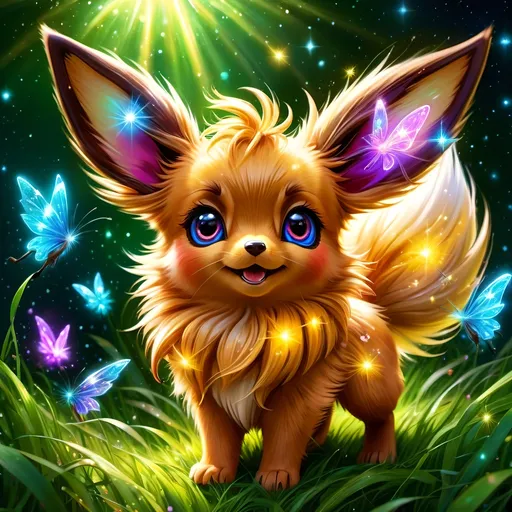 Prompt: (best quality: 1.5), (high quality:1.5), (intricate detail: 1.5), painting of an insanely beautiful magical Eevee, furry, fuzzy, happy, jubilant, magical, fairy dust, twinkling, bright colors, sparkling fur, shimmering, glistening, fairy dust in fur, dancing, running through a field, glistening golden fur, sparkling eyes, cute fangs, cute, vivid colors, vibrant colors, up close, close up, auroras, super fluffy, aurora halo, surreal, UHD, horizontal background, professional shading, 3D painting, ultra realistic fur, depth, running toward viewer, insanely detailed background, detailed fantasy style, insanely detailed fur, ultra detailed illustration, immaculate fur, fantasy, flying, professional digital painting, expressive face, beautiful eyes, 8k eyes, artstation, deviantart, Anne Stokes, trending, hyper detailed, stunning, breathtaking, beautiful, graceful, ethereal, enchanting, enchanted grassland, sparkling fireflies, breezy summer night, starry sky, 8k, 16k, 64k, unreal engine, perfect pose, golden ratio, symmetric, perfect proportions