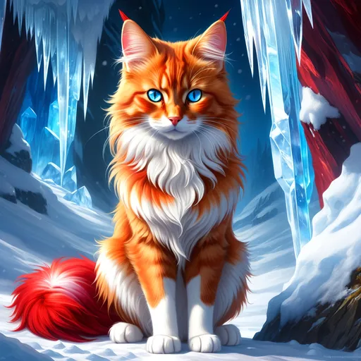 Prompt: warrior cat with {shiny red fur} and {ice blue eyes}, feral, quadruped, young she-cat, by Erin Hunter, gorgeous anime portrait, intense cartoon, beautiful 8k eyes, elegant {scarlet and garnet fur}, {pelt looks like a fox}, fine oil painting, stunning, gorgeous, gazing at viewer, beaming blue eyes, glistening scarlet fur, snowstorm, ice element, 64k, hyper detailed, expressive, witty, graceful, beautiful, expansive silky mane, crystal mountain cave, golden ratio, precise, perfect proportions, vibrant, standing majestically on a tall crystal stone, hyper detailed, complementary colors, UHD, HDR, top quality artwork, beautiful detailed background, unreal 5, artstaion, deviantart, instagram, professional, masterpiece