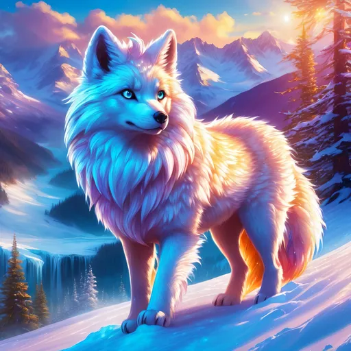 Prompt: {Alolan Vulpix}, growling, Alaskan wolf, ice element, detailed artwork, hyper detailed, 64k, detailed background, beautiful auroras, lush cliffside, snowy mountain peaks, brilliant night sky, gleaming hypnotic {purple eyes}, mischievous, vivid colors, glowing ice aura, thick billowing mane, intense anime portrait, intricately detailed fur, ice blue fur highlights, beautiful detailed eyes, golden ratio, perfect proportions, vibrant, hyper detailed, complementary colors, UHD, HDR, beautiful detailed background, unreal 5, artstaion, deviantart