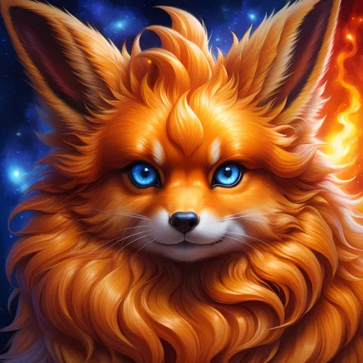 Prompt: Bronze {Flareon}, {copper fur}, gleaming intense (deep sapphire blue eyes:1.5), flame, fire element, fiery colors, feral, frost, detailed artwork, beautiful oil painting, 64k, detailed background, snowy lake, deep starry sky, lush cliffside, brilliant golden sunrise, big golden ears, beautiful dark muzzle, big beautiful 8k eyes, brave, fluffy, plump, vivid colors, thick fluffy fur, glowing fiery aura, thick billowing mane, bright fluffy cheeks, intricately detailed fur, beautiful detailed eyes, by Anne Stokes, golden ratio, perfect proportions, vibrant, hyper detailed, complementary colors, UHD, ultra detailed, beautiful detailed background