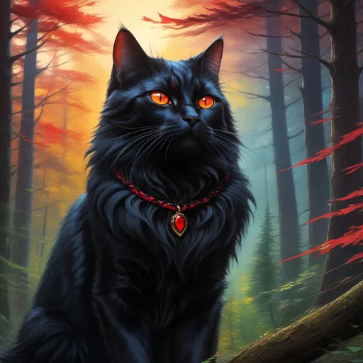 Prompt: warrior cat with jet black fur and scarlet eyes, tom cat, young apprentice, epic anime portrait, beautiful 8k eyes, fine oil painting, intense, wearing shiny bracelet, low angle view, zoomed out view of character,  (unsheathed claws), visible claws, 64k, hyper detailed, expressive, intense, heroic, friendly, aggressive yet compassionate, brawny, thick billowing mane, glistening black fur, prowling through a twilight forest, golden ratio, precise, perfect proportions, vibrant, hyper detailed, complementary colors, UHD, HDR, top quality artwork, beautiful detailed background, unreal 5, artstaion, deviantart, instagram, professional, masterpiece