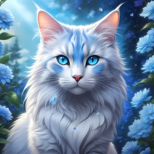 Prompt: warrior cat with {silver-blue fur} and {crystal blue eyes}, senior she-cat, Erin Hunter, gorgeous anime portrait, beautiful cartoon, 2d cartoon, beautiful 8k eyes, elegant {blue fur}, pronounced scar on chest, fine oil painting, modest, gazing at viewer, beaming blue eyes, worm's eye view, frosted flowers, zoomed out view of character, 64k, hyper detailed, expressive, timid, graceful, beautiful, expansive silky mane, golden ratio, precise, perfect proportions, vibrant, standing majestically on a tall stone, hyper detailed, complementary colors, UHD, HDR, top quality artwork, beautiful detailed background, unreal 5, artstaion, deviantart, instagram, professional, masterpiece