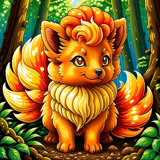 Prompt: pixel art of a beautiful (Vulpix), with bright golden fur and {glowing brown eyes}, feral, in a sunny forest, fire element, mystery dungeon, head turned toward viewer, highly detailed eyes, hyper detailed, furry, timid, shy, ready for battle, bashful, rosy cheeks, 4k, UHD, masterpiece, oil painting, golden ratio, symmetric, complementary colors, vibrant, vivid colors