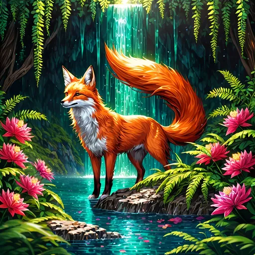Prompt: portrait of a stunning beautiful fox with {shiny garnet and crimson fur} and {intricately detailed mint green eyes}, feral fox, quadruped, young vixen, kitsune, nine-tailed fox, beautiful 8k eyes, elegant {crimson and garnet fur}, fine oil painting, stunning, gorgeous, back view, gazing at viewer, wind element,  beaming green eyes, looking back, (rear view:1.5), (looking over shoulder:1.5), (raised tail:2.5), glistening scarlet fur, surrounded by flowers and ferns, draped in ferns, 64k, hyper detailed, expressive, witty, graceful, beautiful, expansive silky mane, crystal mountain cave, secluded crystal lake, crystal waterfall, golden ratio, precise, perfect proportions, vibrant, standing majestically on a tall crystal stone, hyper detailed, complementary colors, UHD, HDR, top quality artwork, beautiful detailed background, detailed pixel art