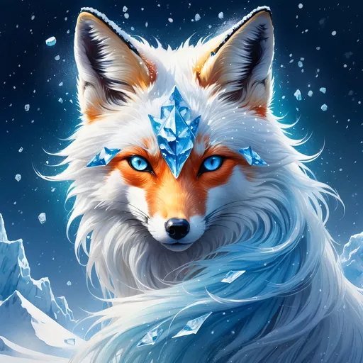 Prompt: ice elemental fox, feral fox, kyubi no kitsune, nine-tailed fox, cool blue fur, dark blue eyes, soft moonlight, silver muzzle, elder vixen, (plump), gazing at viewer, looking backward, insanely beautiful, stunning, gorgeous, enchanting, beautiful 8k eyes, confident, falling snow, shattered ice, frosted blue fur, vivid, vibrant, golden ratio, symmetric, complementary colors, UHD, absurd resolution, HDR, three-quarter portrait, detailed watercolor style on soft paper, sharp focus, masterpiece, cool colors, artstation, instagram, trending, 64k