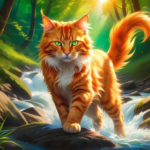 Prompt: warrior cat with {fiery orange fur} and bright {green eyes}, young male fire cat, epic anime portrait, beautiful 8k eyes, fine oil painting, intense, lunging at viewer, wearing shiny bracelet, solid red belly, lush fantasy forest, zoomed out view of character,  (unsheathed claws), visible claws, 64k, hyper detailed, expressive, intense, hissing cat, aggressive, intelligent, lithe, small, covered in scratches and scars, thick billowing mane, glistening golden fur, golden ratio, precise, perfect proportions, vibrant, prowling by a sun-bathed river, hyper detailed, dynamic, complementary colors, UHD, HDR, top quality artwork, beautiful detailed background, unreal 5, artstaion, deviantart, instagram, professional, masterpiece