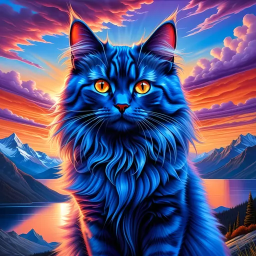 Prompt: detailed oil portrait of a stunning beautiful blue cat with {cobalt blue fur} and {sunset orange eyes}, nine-tailed cat, nine fluffy silver tails, blue nose, feral, kitsune tails, quadruped, tom cat, Warrior cats by Erin Hunter, gorgeous anime portrait, intense cartoon, beautiful 8k eyes, kitsune, nine-tailed fox, ice element, detailed fine fur, fine oil painting, stunning, gorgeous, gazing at viewer, beaming eyes, lake shore sunrise, perfect reflection, shimmering, professional shading, sharply focused red clouds, highly detailed jagged ice-capped mountain vista, brilliant sunrise on purple sky, (horizontal background), 64k, hyper detailed, expressive, clever, beautiful, thick silky mane, golden ratio, symmetric, accurate anatomy, precise, perfect proportions, vibrant, standing majestically on a mountain, hyper detailed, complementary colors, UHD, HDR, top quality artwork, beautiful detailed background, unreal 5, artstaion, deviantart, instagram, professional, masterpiece