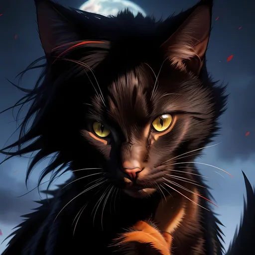 Prompt: feral ((cat)) with jet black fur and scarlet eyes, tom cat, young apprentice, Erin Hunter, epic anime portrait, beautiful 8k eyes, fine oil painting, intense, wearing shiny bracelet, low angle view, zoomed out view of character,  (unsheathed claws), visible claws, 64k, hyper detailed, expressive, intense, heroic, friendly, aggressive yet compassionate, determined, brawny, thick billowing mane, glistening black fur, prowling through a twilight forest, golden ratio, precise, perfect proportions, vibrant, hyper detailed, complementary colors, UHD, HDR, top quality artwork, beautiful detailed background, unreal 5, artstaion, deviantart, instagram, professional, masterpiece