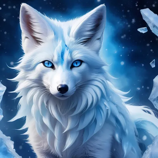 Prompt: ice elemental fox, feral fox, kitsune, nine-tailed fox, cool blue fur, dark blue eyes, soft moonlight, blue muzzle, elder vixen, plump, gazing at viewer, stunning, enchanting, confident, falling snow, shattered ice, frosted blue fur, vivid, vibrantm UHD, HDR, three-quarter portrait, detailed watercolor style on soft paper, sharp focus, masterpiece, cool colors, artstation, instagram, trending