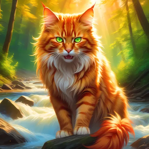 Prompt: warrior cat with {fiery orange fur} and bright {green eyes}, young male fire cat, epic anime portrait, beautiful 8k eyes, fine oil painting, intense, lunging at viewer, wearing shiny bracelet, solid red belly, lush fantasy forest, zoomed out view of character,  (unsheathed claws), visible claws, 64k, hyper detailed, expressive, intense, hissing cat, aggressive, intelligent, lithe, small, covered in scratches and scars, thick billowing mane, glistening golden fur, golden ratio, precise, perfect proportions, vibrant, prowling by a sun-bathed river, hyper detailed, dynamic, complementary colors, UHD, HDR, top quality artwork, beautiful detailed background, unreal 5, artstaion, deviantart, instagram, professional, masterpiece