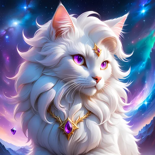 Prompt: hero cat with {white fur} and {amethyst purple eyes}, female cat, cosmic auroras, Erin Hunter, gorgeous anime portrait, beautiful cartoon, 2d cartoon, beautiful 8k eyes, elegant {white fur}, glossy sheen fur, pronounced scar on chest, fine oil painting, modest, gazing at viewer, beaming red eyes, glistening red fur, low angle view, zoomed out view of character, 64k, hyper detailed, expressive, timid, graceful, beautiful, expansive silky mane, deep starry sky, golden ratio, precise, perfect proportions, vibrant, standing majestically on a tall crystal stone, hyper detailed, complementary colors, UHD, HDR, top quality artwork, beautiful detailed background, unreal 5, artstaion, deviantart, instagram, professional, masterpiece