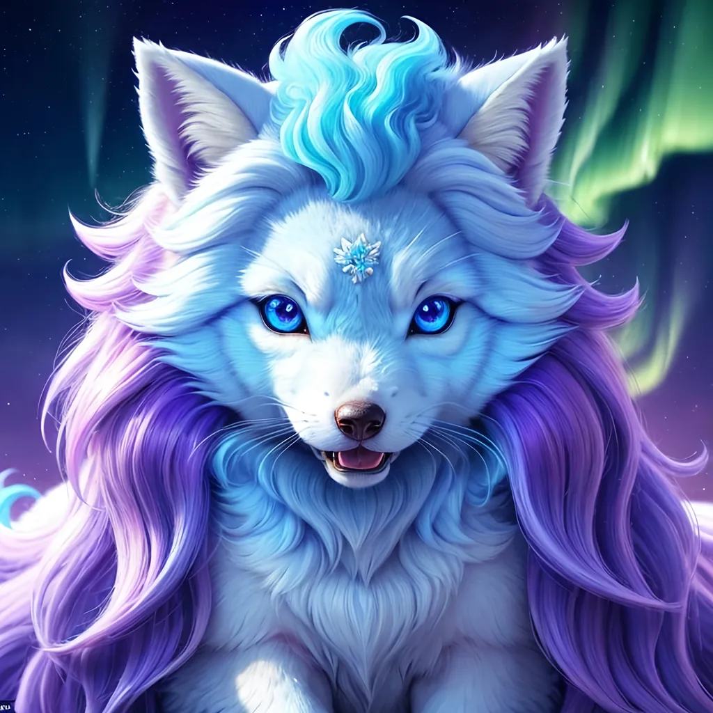 Prompt: {Alolan Vulpix}, growling, wolf, ice element, detailed artwork, portrait, 8k, detailed background, beautiful auroras, brilliant night sky, gleaming hypnotic purple eyes, mischievous, thick billowing mane, beautiful detailed eyes, golden ratio, perfect proportions, complementary colors, UHD, intricately detailed face