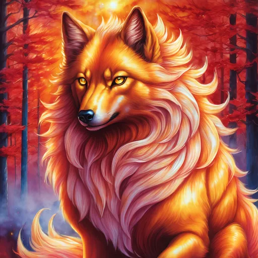 Prompt: {Ninetales}, gleaming hypnotic {ruby red eyes}, flame, fire element, feral, detailed artwork, beautiful watercolor painting, 64k, detailed background, aspen leaves, deep starry sky, lush frosted cliffside, brilliant sunrise sky, big golden ears, big beautiful 8k eyes, mischievous, vivid colors, thick fluffy fur, glowing fiery aura, fire princess, bashful rosy cheeks, timid, bright rosy cheeks, thick billowing mane, intricately detailed fur, beautiful detailed eyes, , by Anne Stokes, golden ratio, perfect proportions, vibrant, hyper detailed, complementary colors, UHD, beautiful detailed background