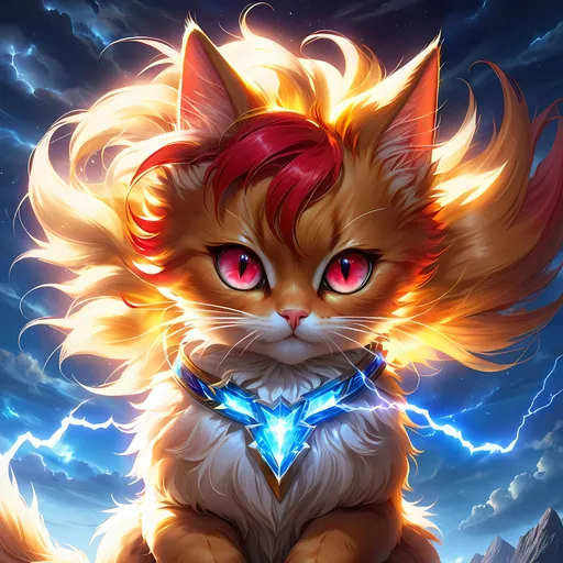 Prompt: champion cat with {shiny red fur} and {ruby red eyes}, feral, quadruped, young she-cat prodigy, lightning element, crackling lightning, by Erin Hunter, gorgeous anime portrait, intense cartoon, beautiful 8k eyes, elegant {red fur}, pronounced scar on chest, fine oil painting, modest, gazing at viewer, beaming red eyes, glistening golden fur, low angle view, thunder, lightning charged atmosphere, 64k, hyper detailed, expressive, timid, graceful, beautiful, expansive silky mane, deep starry sky, golden ratio, precise, perfect proportions, vibrant, standing majestically on a tall crystal stone, hyper detailed, complementary colors, UHD, HDR, top quality artwork, beautiful detailed background, unreal 5, artstaion, deviantart, instagram, professional, masterpiece