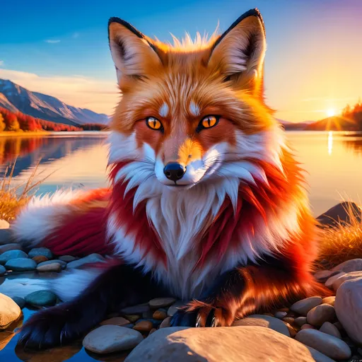 Prompt: young crimson fox prodigy with (solid crimson fur) and glowing {amber eyes}, feral, epic anime portrait, close up, fiery colors, brilliant sunrise, beautiful 8k eyes, fine oil painting, intense, low angle view, soft HD fur, frosted fur, (unsheathed claws), visible claws, 64k, hyper detailed, expressive, intense, elegant, graceful, silky extravagant mane, deep blue sky, colorful stones, glistening scarlet fur, sprawled at a lake shore, golden ratio, precise, perfect proportions, vibrant, lying by a sun-bathed lake, hyper detailed, complementary colors, UHD, HDR, top quality artwork, beautiful detailed background, unreal 5, artstaion, deviantart, instagram, professional, masterpiece