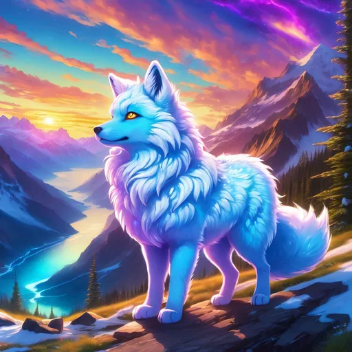 Prompt: {Alolan Vulpix}, growling, Alaskan wolf, ice element, detailed artwork, hyper detailed, 64k, detailed background, beautiful auroras, lush cliffside, snowy mountain peaks, brilliant night sky, gleaming hypnotic {purple eyes}, mischievous, vivid colors, glowing ice aura, thick billowing mane, intense anime portrait, intricately detailed fur, ice blue fur highlights, beautiful detailed eyes, golden ratio, perfect proportions, vibrant, hyper detailed, complementary colors, UHD, HDR, beautiful detailed background, unreal 5, artstaion, deviantart