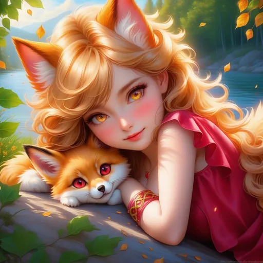 Prompt: Vulpix with {shiny gold fur} and {ruby red eyes}, young she-fox, feral fox, gorgeous anime portrait, hyper realistic 3D, beautiful 8k eyes, elegant {gold fur}, fire element, flame, fine oil painting, modest, gazing at viewer, low angle view, aspen leaves, zoomed out view of character, bright gleaming eyes, wears a bracelet, 64k, hyper detailed, expressive, timid, bashful rosy cheeks, graceful, beautiful, expansive silky mane, golden ratio, precise, perfect proportions, vibrant, tanning by a sun-bathed river, hyper detailed, complementary colors, UHD, HDR, top quality artwork, beautiful detailed background, unreal 5, artstaion, deviantart, instagram, professional, masterpiece
