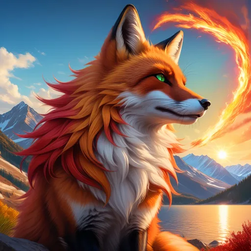Prompt: champion prodigy fox with (bright crimson fur) and {amber green eyes}, feral, gorgeous anime portrait, 2d cartoon,  fire element, flame, female fox, beautiful 8k eyes, fine oil painting, intense, wearing shiny bracelet, low angle view, (unsheathed claws), visible claws, 64k, fine colored pencil, head turned toward viewer, hyper detailed, expressive, graceful, plump, glistening silky mane, fiery colors, windstorm, colorful stones, vast open sky, glistening black fur highlights, sitting on hilltop,  golden ratio, intricate detailed fur, precise, perfect proportions, vibrant, at a sun-bathed lake, hyper detailed, complementary colors, UHD, HDR, top quality artwork, beautiful detailed background, unreal 5, artstaion, deviantart, instagram, professional, masterpiece