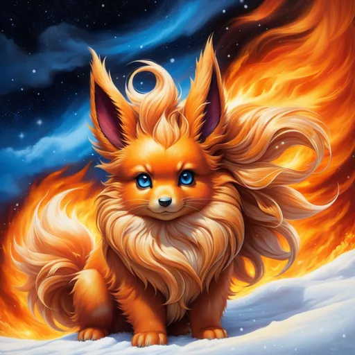 Prompt: {Flareon}, brilliant {blue eyes}, flame, fire element, feral, detailed artwork, beautiful oil painting, 64k, detailed background, snowy field, frost, deep starry sky, brilliant sunrise sky, big golden ears, beautiful dark muzzle, big beautiful 8k eyes, brave, vivid colors, thick fluffy fur, glowing fiery aura, thick billowing mane, intricately detailed fur, beautiful detailed eyes, , by Anne Stokes, golden ratio, perfect proportions, vibrant, hyper detailed, complementary colors, UHD, beautiful detailed background