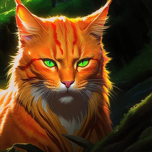 Prompt: warrior cat with {fiery orange fur} and bright {green eyes}, young male fire cat, epic anime portrait, beautiful 8k eyes, fine oil painting, intense, lunging at viewer, wearing shiny bracelet, solid red belly, lush fantasy forest, zoomed out view of character,  (unsheathed claws), visible claws, 64k, hyper detailed, expressive, intense, hissing cat, aggressive, intelligent, lithe, small, covered in scratches and scars, thick billowing mane, glistening golden fur, golden ratio, precise, perfect proportions, vibrant, prowling by a sun-bathed river, hyper detailed, dynamic, complementary colors, UHD, HDR, top quality artwork, beautiful detailed background, unreal 5, artstaion, deviantart, instagram, professional, masterpiece