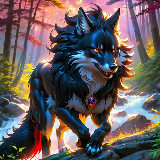 Prompt: young warrior black fox with (solid jet black fur) and scarlet eyes, feral, gorgeous anime portrait, lightning element, crackling lightning, beautiful 8k eyes, fine oil painting, intense, wearing shiny bracelet, low angle view,  (unsheathed claws), visible claws, 64k, hyper detailed, expressive, intense, heroic, friendly, compassionate, brawny, thick billowing mane, fiery colors, psychedelic colors, lightning charged atmosphere, colorful stones, glistening black fur, prowling through a twilight forest,  golden ratio, intricate detailed fur, precise, perfect proportions, vibrant, prowling by a sun-bathed river, hyper detailed, complementary colors, UHD, HDR, top quality artwork, beautiful detailed background, unreal 5, artstaion, deviantart, instagram, professional, masterpiece