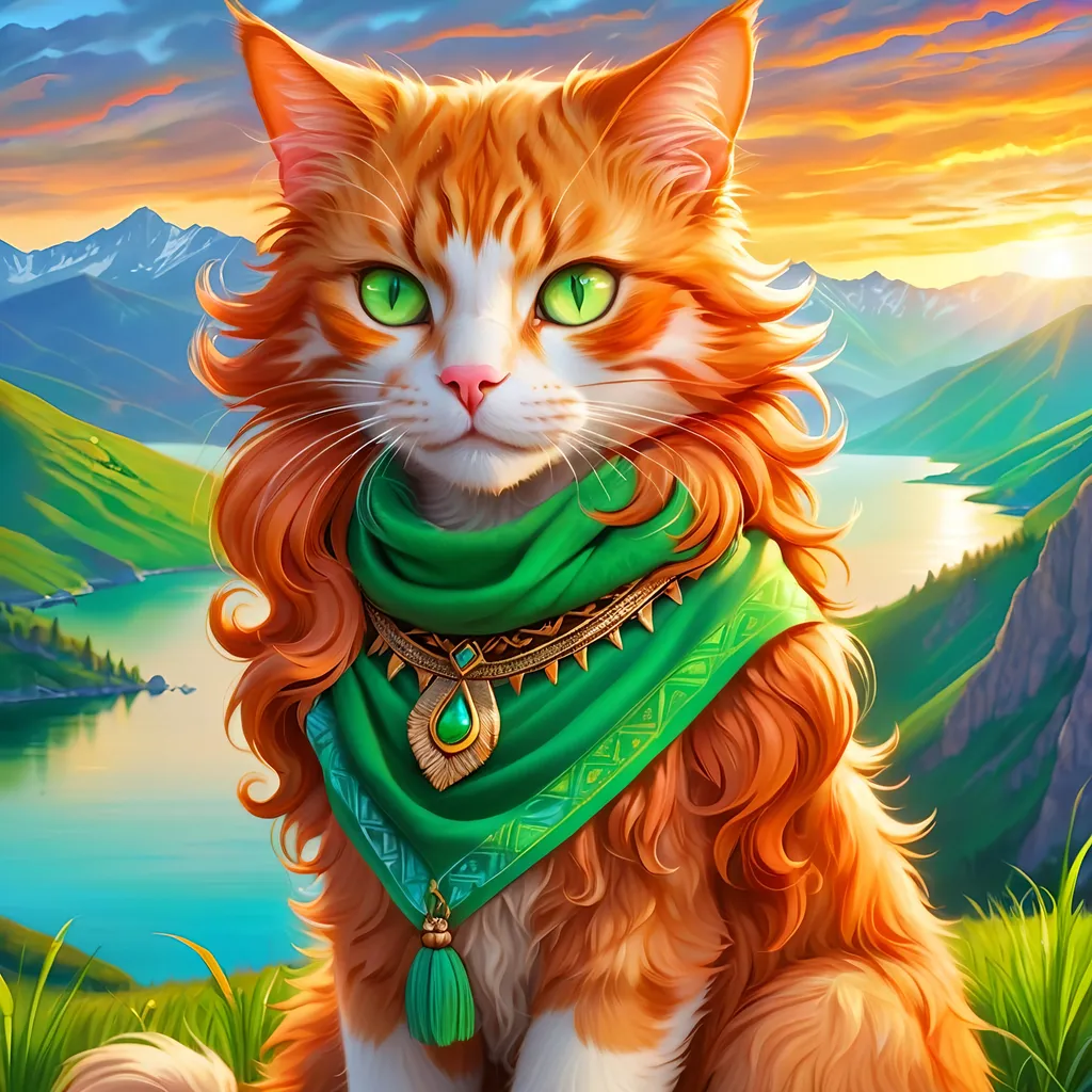 Prompt: detailed painting of a beautiful cat warrior with fiery ginger fur and bright green eyes, feral cat, wearing golden scarf, detailed lakeside background, distant cliffs in background, UHD, highly detailed, trending. on artstation, brilliant sunset, inkpunk style, brilliant colors, vivid colors, bright orange fluffy pelt, depth, detailed shading