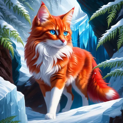 Prompt: warrior cat with {shiny red fur} and {crisp ice blue eyes}, feral, quadruped, young she-cat, by Erin Hunter, gorgeous anime portrait, intense cartoon, beautiful 8k eyes, elegant {scarlet and garnet fur}, {pelt looks like a vixen fox}, fine oil painting, stunning, gorgeous, back view, gazing at viewer, beaming blue eyes, looking back, rear view, looking over shoulder, glistening scarlet fur, draped in ferns, snowstorm, ice element, 64k, hyper detailed, expressive, witty, graceful, beautiful, expansive silky mane, crystal mountain cave, secluded crystal river, golden ratio, precise, perfect proportions, vibrant, standing majestically on a tall crystal stone, hyper detailed, complementary colors, UHD, HDR, top quality artwork, beautiful detailed background, unreal 5, artstaion, deviantart, instagram, professional, masterpiece