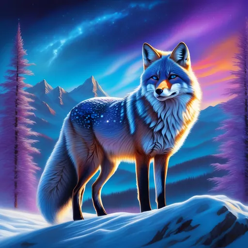 Prompt: portrait of a beautiful blue fox elder with (glistening blue fur) and glowing {sapphire blue eyes}, fine oil painting, feral, beautiful vixen kitsune, sparkling frosted fur, (plump:1.5), ice element, epic anime portrait, three quarter portrait, gazing at viewer, icy colors, frost, brilliant night sky, beautiful 8k eyes, hyper detailed fur, icy white nose, deep starry sky, cosmic auroras, epic fantasy landscape, frost, intense, low angle view, soft HD fur, 64k, hyper detailed, symmetric, depth, detailed shading, highly detailed face, expressive, calm, cold, elegant, graceful, silky extravagant mane, silver fur highlights, deep {purple sky}, colorful stones, glistening blue hair, sprawled at a frosted lake shore, golden ratio, precise, perfect proportions, vibrant, hyper detailed, complementary colors, UHD, HDR, top quality artwork, beautiful detailed background, unreal 5, artstaion, deviantart, instagram, professional, masterpiece