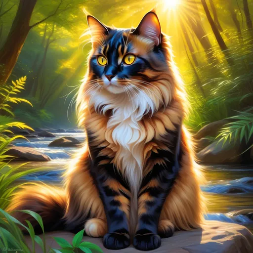 Prompt: warrior cat with {dark tortoiseshell fur} and bright {yellow eyes}, small young beautiful she-cat, epic anime portrait, beautiful 8k eyes, fine oil painting, serene, gazing at viewer, wearing shiny bracelet, lush fantasy forest, surrounded by herbs, 64k, hyper detailed, expressive, intelligent, small, smooth silky fur, thick silky mane, glistening golden fur, golden ratio, precise, perfect proportions, vibrant, sitting by a sun-bathed river, hyper detailed, dynamic, complementary colors, UHD, HDR, top quality artwork, beautiful detailed background, unreal 5, artstaion, deviantart, instagram, professional, masterpiece