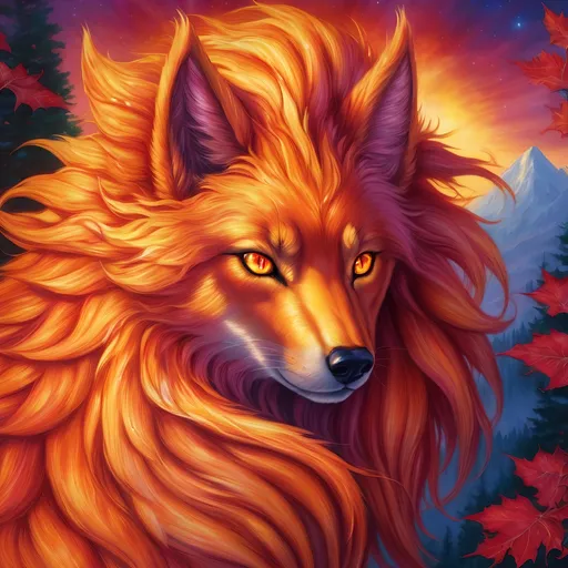 Prompt: {Ninetales}, gleaming hypnotic {ruby red eyes}, flame, fire element, feral, detailed artwork, beautiful oil painting, 64k, detailed background, aspen leaves, deep starry sky, lush frosted cliffside, brilliant sunrise sky, big golden ears, big beautiful 8k eyes, mischievous, vivid colors, thick fluffy fur, glowing fiery aura, fire princess, bashful rosy cheeks, timid, bright rosy cheeks, thick billowing mane, intricately detailed fur, beautiful detailed eyes, , by Anne Stokes, golden ratio, perfect proportions, vibrant, hyper detailed, complementary colors, UHD, beautiful detailed background