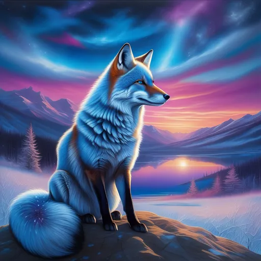 Prompt: portrait of a beautiful blue fox elder with (glistening blue fur) and glowing {sapphire blue eyes}, fine oil painting, feral, beautiful vixen kitsune, sparkling frosted fur, (plump:1.5), ice element, epic anime portrait, three quarter portrait, gazing at viewer, icy colors, frost, brilliant night sky, beautiful 8k eyes, hyper detailed fur, icy white nose, deep starry sky, cosmic auroras, epic fantasy landscape, frost, intense, low angle view, soft HD fur, 64k, hyper detailed, symmetric, depth, detailed shading, highly detailed face, expressive, calm, cold, elegant, graceful, silky extravagant mane, silver fur highlights, deep {purple sky}, colorful stones, glistening blue hair, sprawled at a frosted lake shore, golden ratio, precise, perfect proportions, vibrant, hyper detailed, complementary colors, UHD, HDR, top quality artwork, beautiful detailed background, unreal 5, artstaion, deviantart, instagram, professional, masterpiece