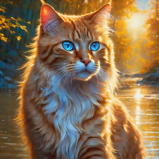 Prompt: warrior cat with pearl-gold fur and sapphire blue eyes, young male cat, epic anime portrait, beautiful 8k eyes, fine oil painting, intense, lunging at viewer, wearing shiny bracelet, worm's eye view, zoomed out view of character,  (unsheathed claws), visible claws, 64k, hyper detailed, expressive, intense, hissing cat, aggressive, intelligent, lithe, small, covered in scratches and scars, thick billowing mane, glistening golden fur, golden ratio, precise, perfect proportions, vibrant, prowling by a sun-bathed river, hyper detailed, dynamic, complementary colors, UHD, HDR, top quality artwork, beautiful detailed background, unreal 5, artstaion, deviantart, instagram, professional, masterpiece